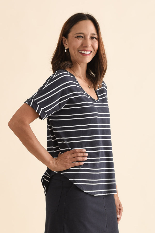 Toronto Navy Double Stripe Cotton Tee,Side,Brunette model,alt text|model:Cara image 3