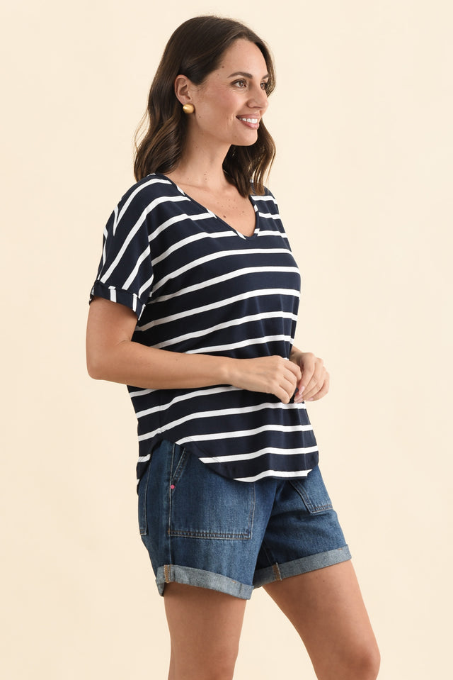 Toronto Navy Stripe Cotton Tee,Brunette model,alt text|model:MJ image 4