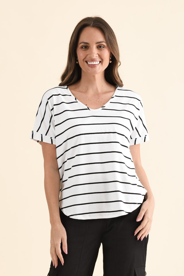 Toronto White Stripe Cotton Tee,Front,Brunette model,alt text|model:MJ