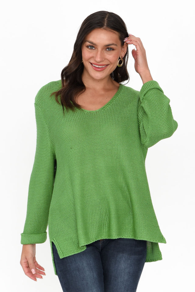 Toulouse Green Cotton Jumper unknown high-low print_Plain sleeve_Long colour_Green JUMPERS  alt text|model:Brontie;wearing:S/M