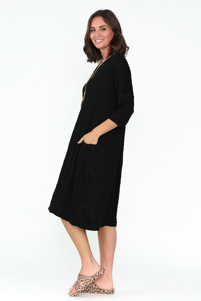 Tova Black Crinkle Cotton Sleeved Dress
