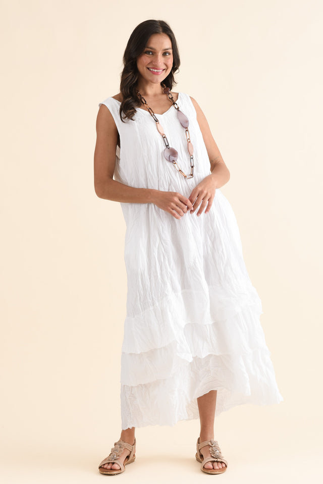 Toya White Crinkle Cotton Layer Dress,Full Body,Brunette model,alt text|model:Brontie image 6