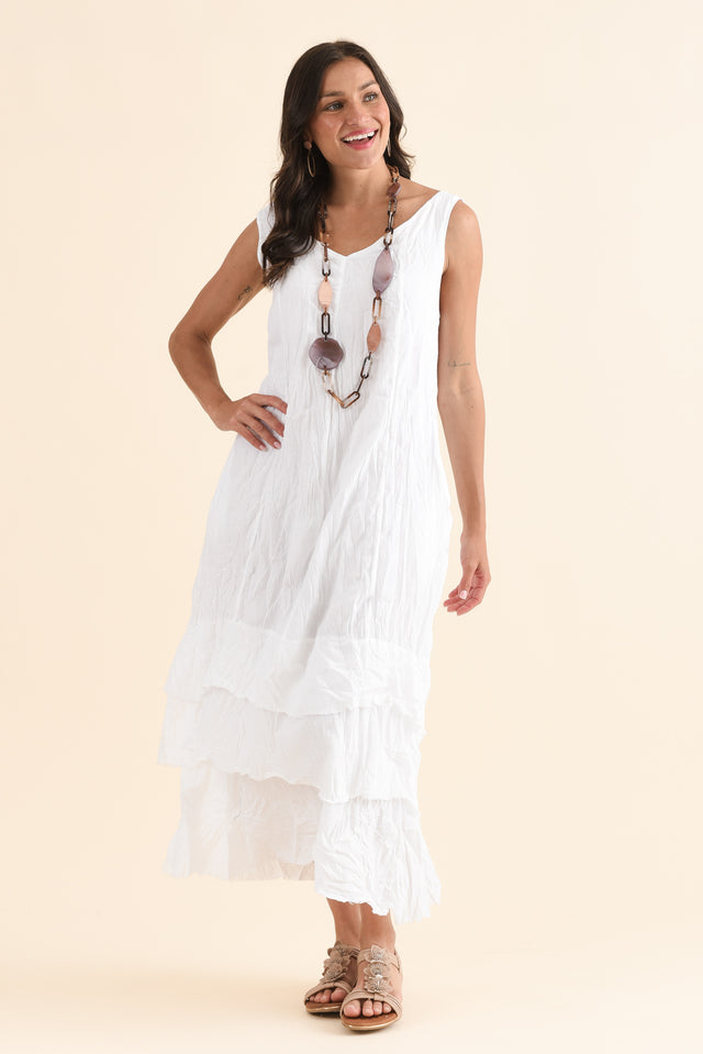 Toya White Crinkle Cotton Layer Dress,Full Body,Brunette model,alt text|model:Brontie image 2