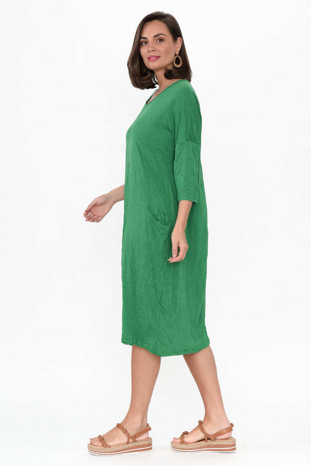 Travel Green Crinkle Cotton Sleeved Dress