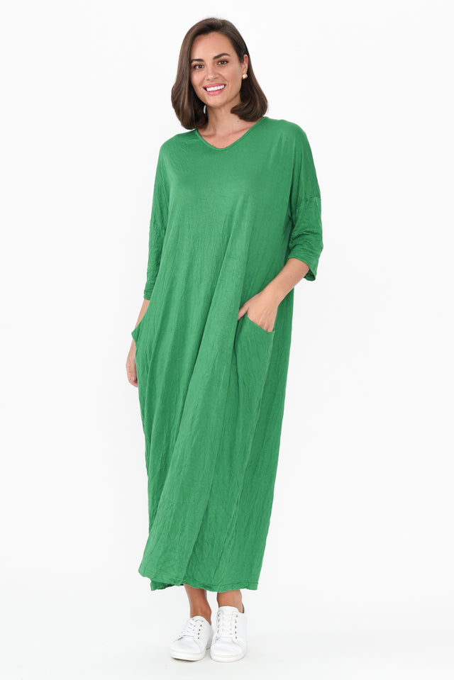 Travel Green Crinkle Cotton Sleeved Maxi Dress