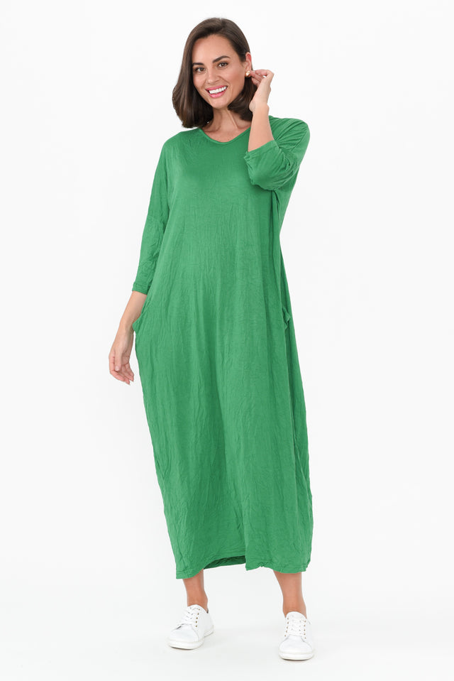 Travel Green Crinkle Cotton Sleeved Maxi Dress image 6