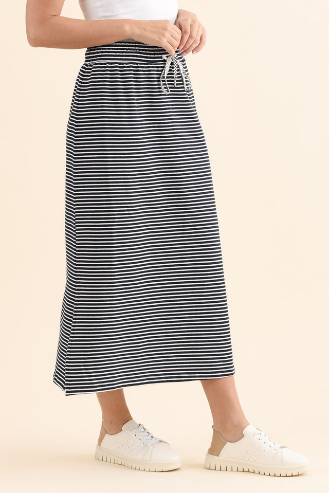 Travel Navy Stripe Cotton Maxi Skirt,Side,Brunette model,alt text|model:Cara image 4