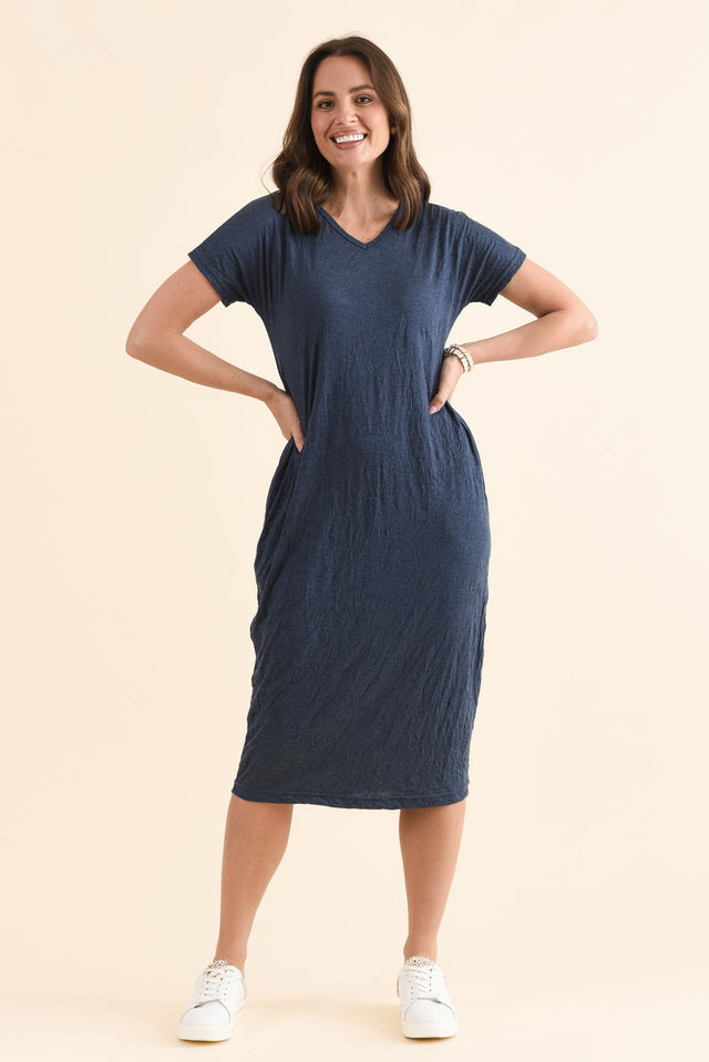 Travel No-Iron Blue Denim Maxi Dress,Full Body,Brunette model,alt text|model:MJ image 2