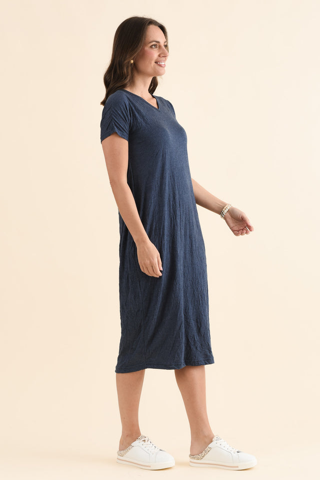 Travel No-Iron Blue Denim Maxi Dress,Side,Brunette model,alt text|model:MJ image 3