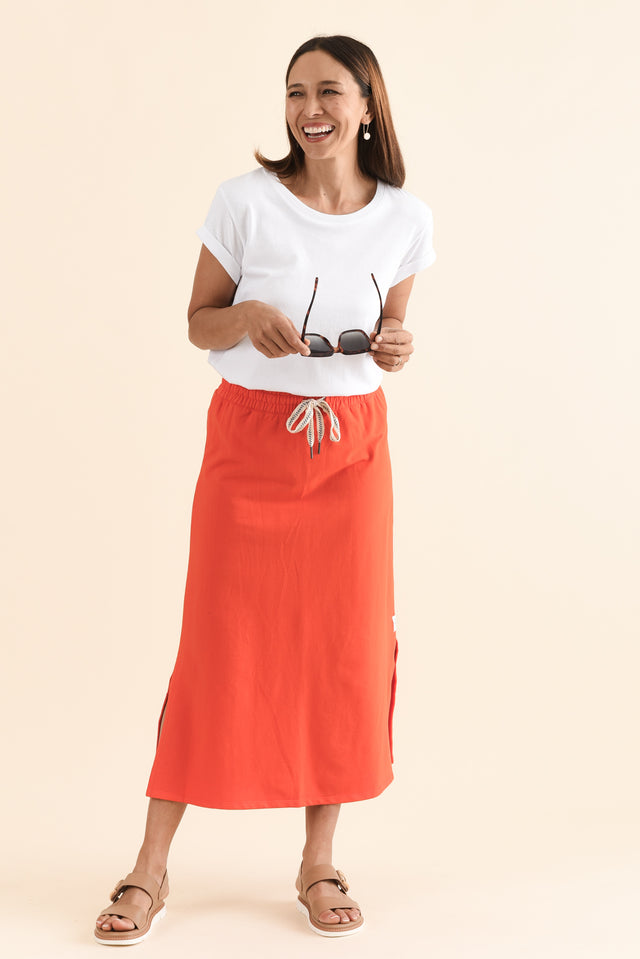Travel Orange Cotton Maxi Skirt,Full Body,Brunette model,alt text|model:Cara image 2