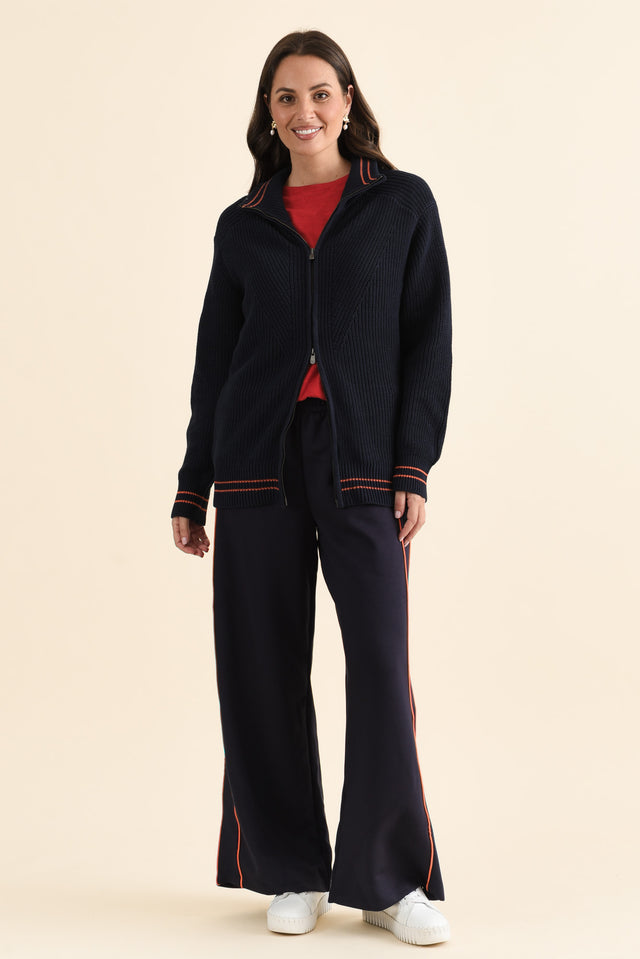 Modern Navy Zip Knit Jumper,brunette model,Full Outfit,alt text|model:MJ image 2