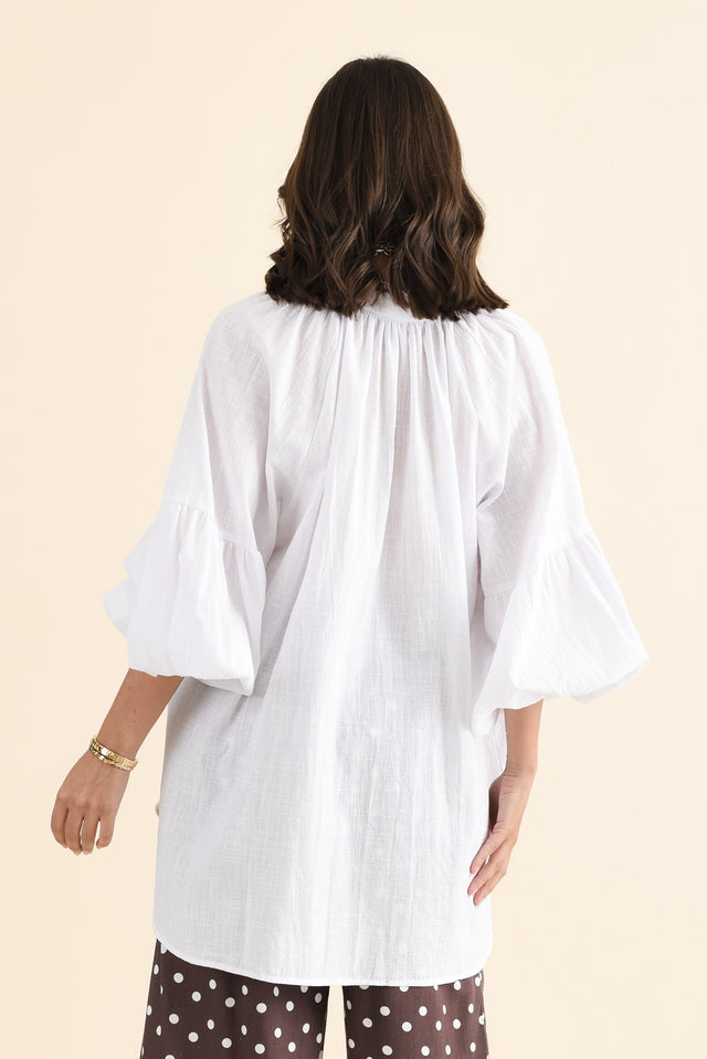 Tribeca White Cotton Collared Tunic,brunette model,Back of Outfit,alt text|model:MJ image 4