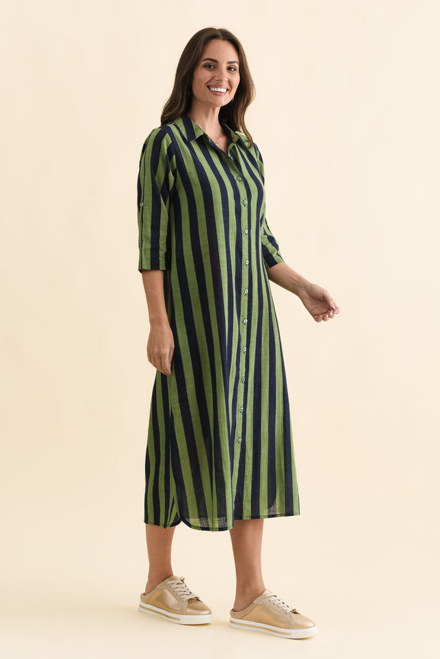Tricia Indigo Stripe Cotton Shirt Dress,Brunette model,alt text|model:MJ image 4