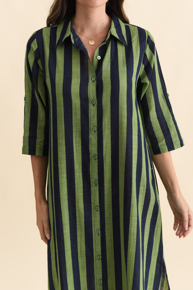 Tricia Indigo Stripe Cotton Shirt Dress,Brunette model,alt text|model:MJ image 6
