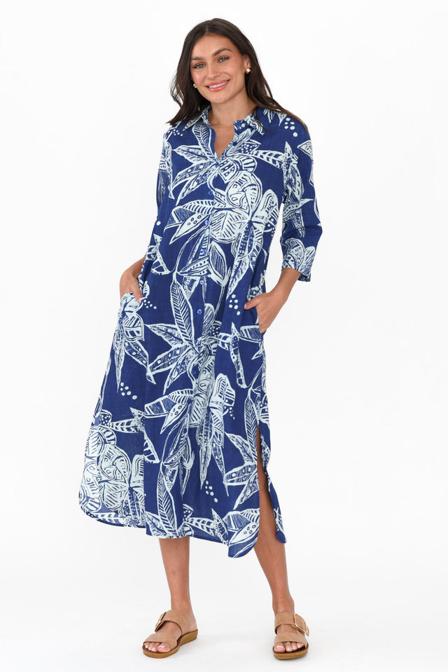 Tricia Blue Tropical Cotton Shirt Dress