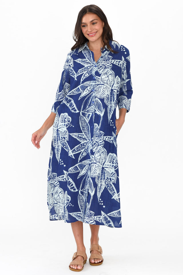Tricia Blue Tropical Cotton Shirt Dress image 6