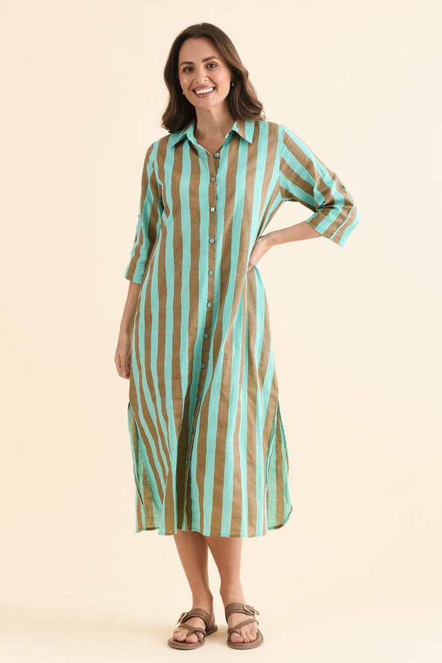 Tricia Brown Stripe Cotton Shirt Dress,Full Body,Brunette model,alt text|model:MJ image 6