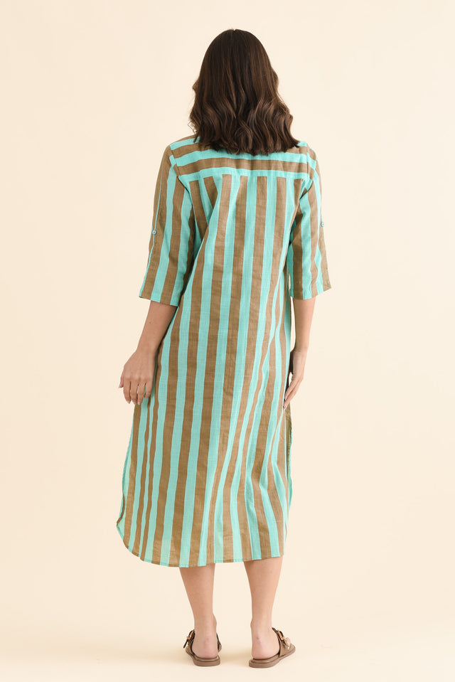 Tricia Brown Stripe Cotton Shirt Dress,Back,Brunette model,alt text|model:MJ image 4