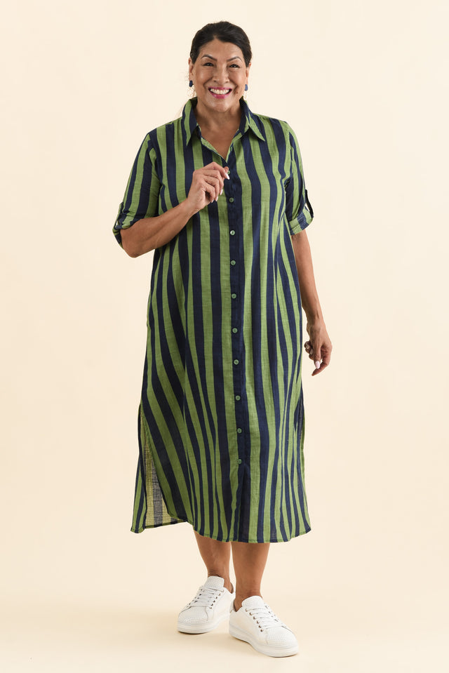 Tricia Indigo Stripe Cotton Shirt Dress,Brunette model,alt text|model:Pilita image 9