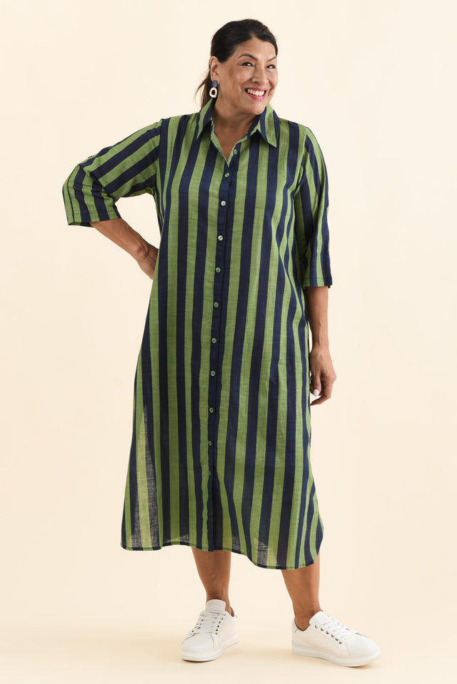 Tricia Indigo Stripe Cotton Shirt Dress,Brunette model,alt text|model:Pilita image 8