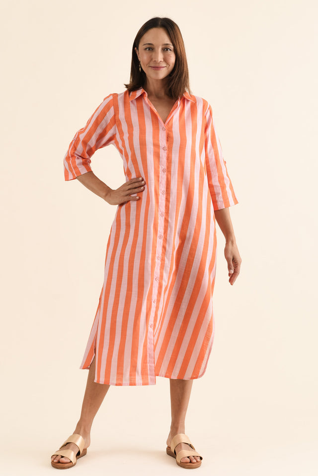 Tricia Orange Stripe Cotton Shirt Dress,Full Body,Brunette model,alt text|model:Cara image 6