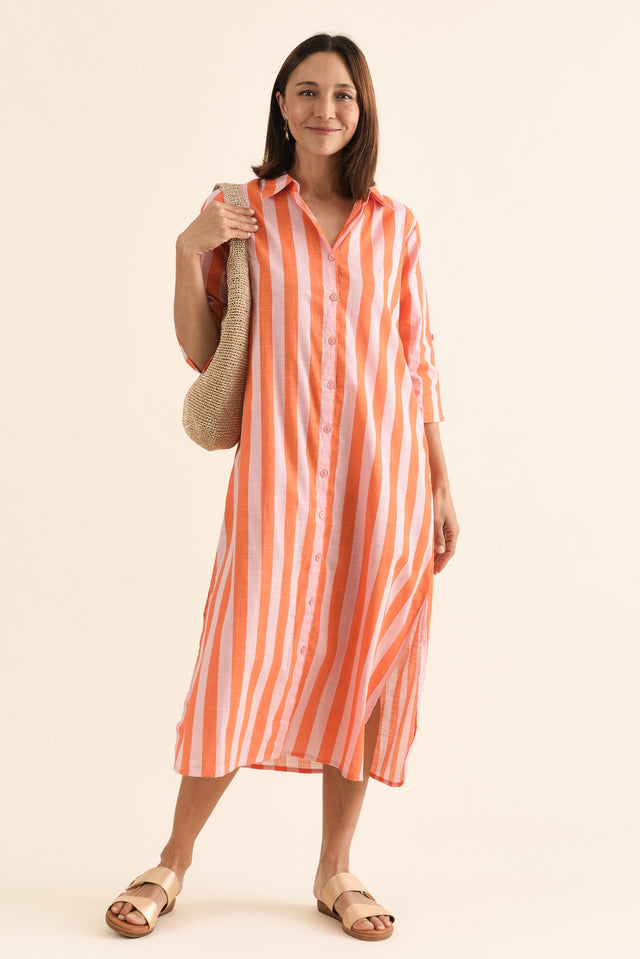 Tricia Orange Stripe Cotton Shirt Dress,Front,Brunette model,alt text|model:Cara image 1