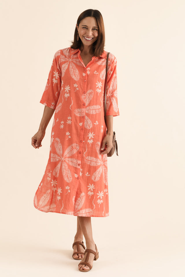 Tricia Peach Flower Cotton Shirt Dress,Front,Brunette model,alt text|model:Cara image 1