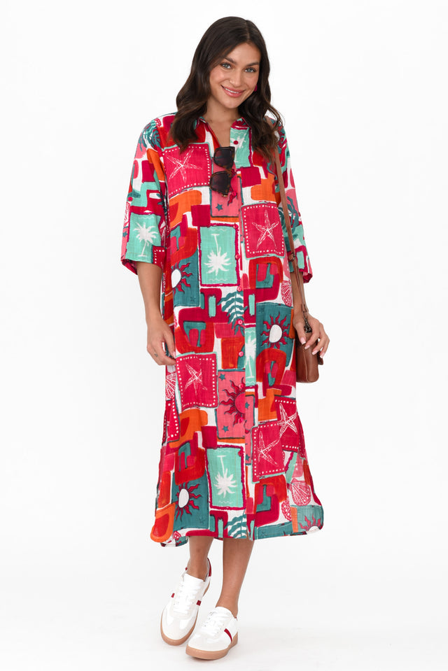 Tricia Pink Patchwork Cotton Shirt Dress hem_Straight length_Midi sleeve_3/4 neckline_V Neck sleevetype_Straight print_Abstract colour_Red DRESSES   alt text|model:Brontie;wearing:8 image 1