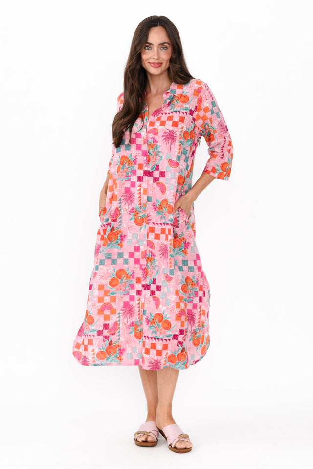 Tricia Pink Tropical Cotton Shirt Dress