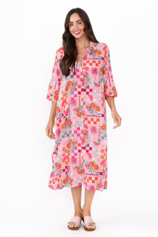 Tricia Pink Tropical Cotton Shirt Dress