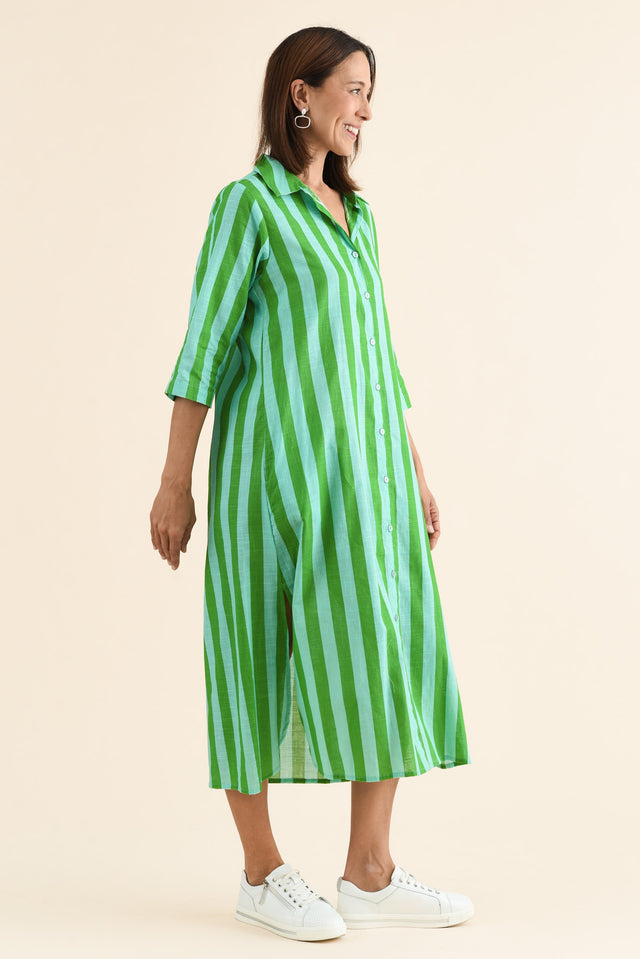 Tricia Turquoise Stripe Cotton Shirt Dress,Side,Brunette model,alt text|model:Cara image 3