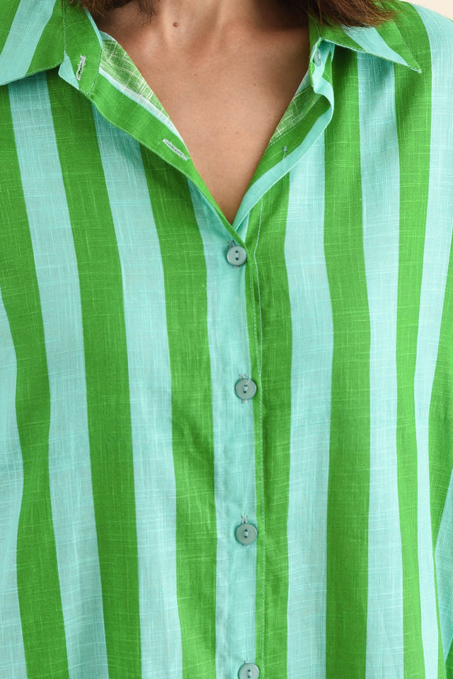 Tricia Turquoise Stripe Cotton Shirt Dress,Detail,Brunette model,alt text|model:Cara image 5