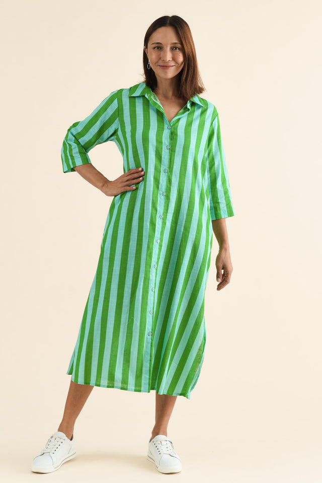 Tricia Turquoise Stripe Cotton Shirt Dress,Full Body,Brunette model,alt text|model:Cara image 2