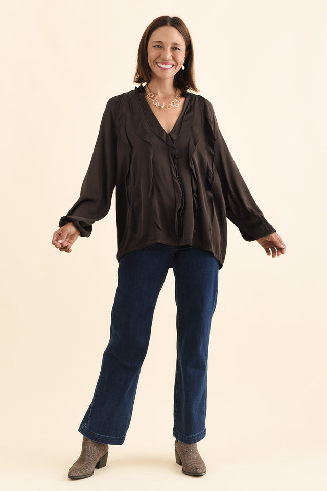 Trove Chocolate Silk Ruffle Top,Brunette model,alt text|model:Cara image 6