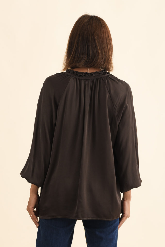 Trove Chocolate Silk Ruffle Top,Brunette model,alt text|model:Cara image 4