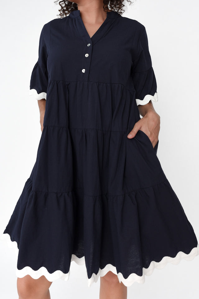 Trove Navy Cotton Trim Button Dress