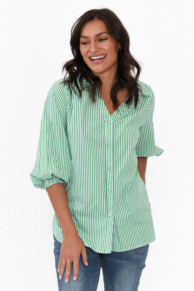 Troy Green Stripe Cotton Shirt neckline_V Neck  alt text|model:Brontie;wearing:AU 8 / US 4 image 1