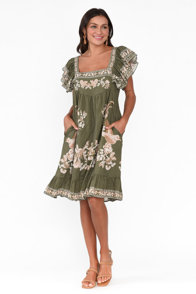 Twilight Khaki Floral Cotton Dress