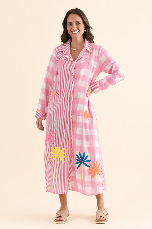 Tylen Pink Flora Cotton Embroidered Dress,Front,Brunette model,alt text|model:MJ image 1