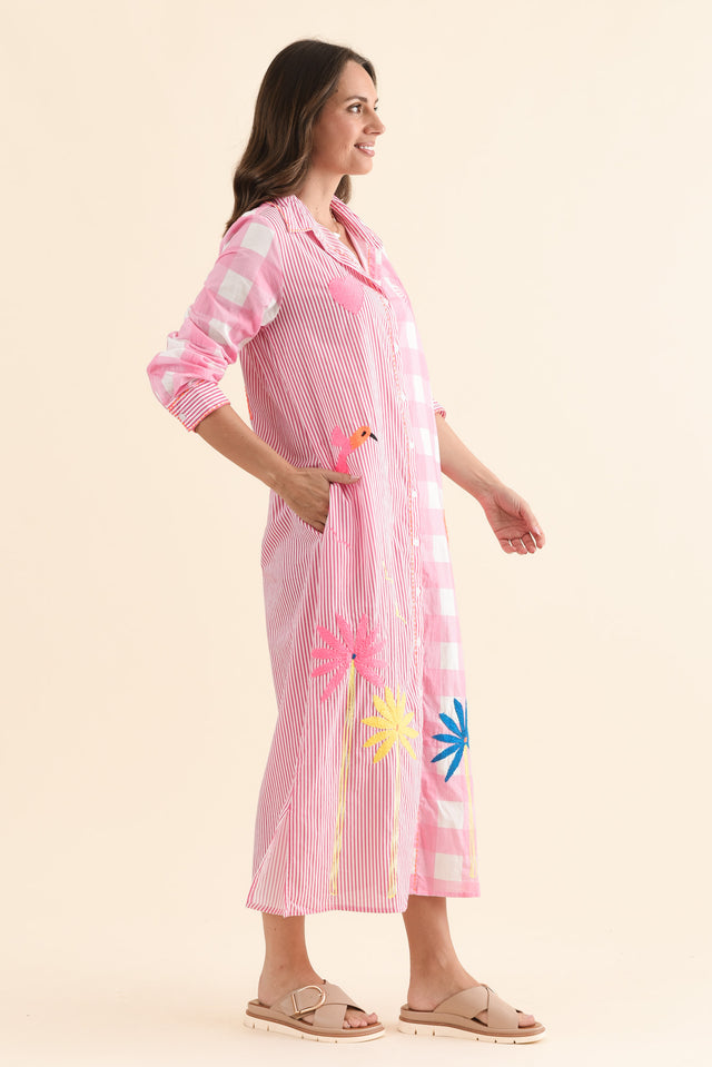 Tylen Pink Flora Cotton Embroidered Dress,Side,Brunette model,alt text|model:MJ image 3