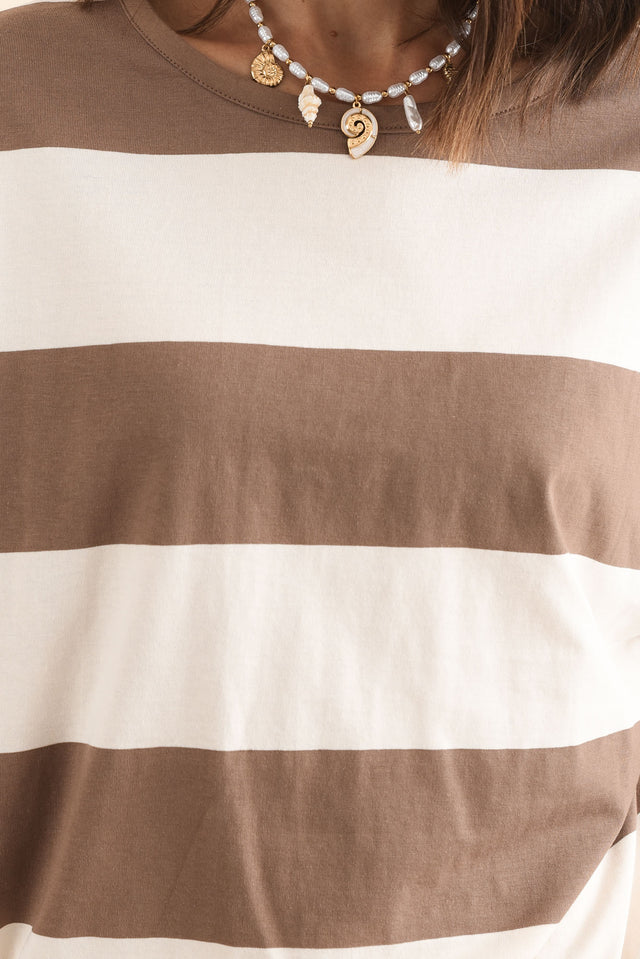 Varley Chocolate Stripe Cotton Tee,Detail,Brunette model,alt text|model:Cara image 5