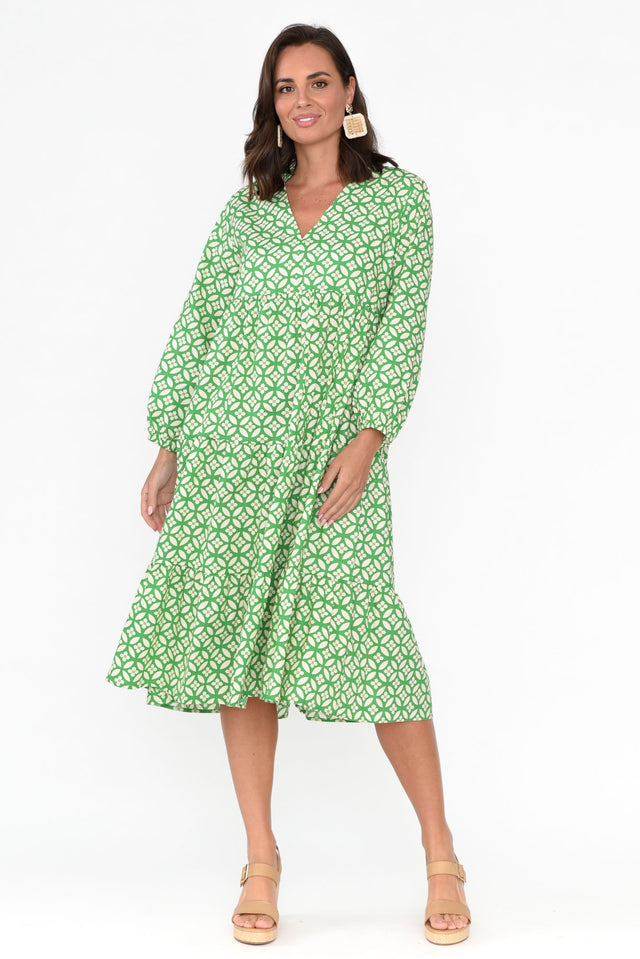 Verona Green Geo Cotton Tier Dress thumbnail 2