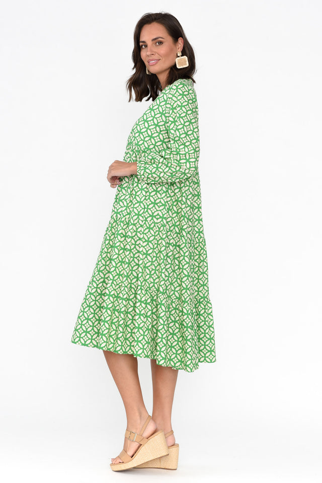 Verona Green Geo Cotton Tier Dress