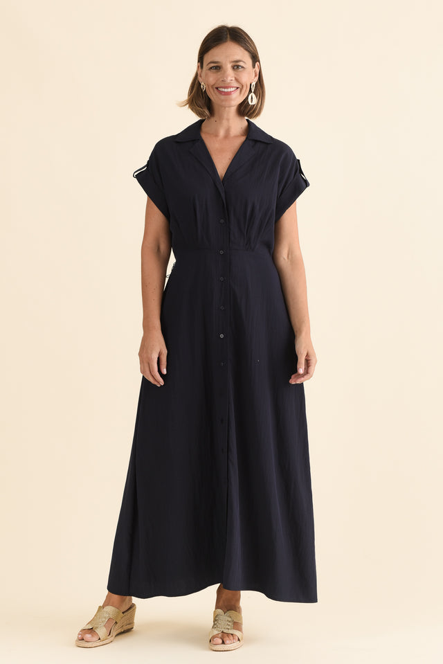 Versailles Navy Collared Tie Dress,Full Body,Brunette model,alt text|model:Laura