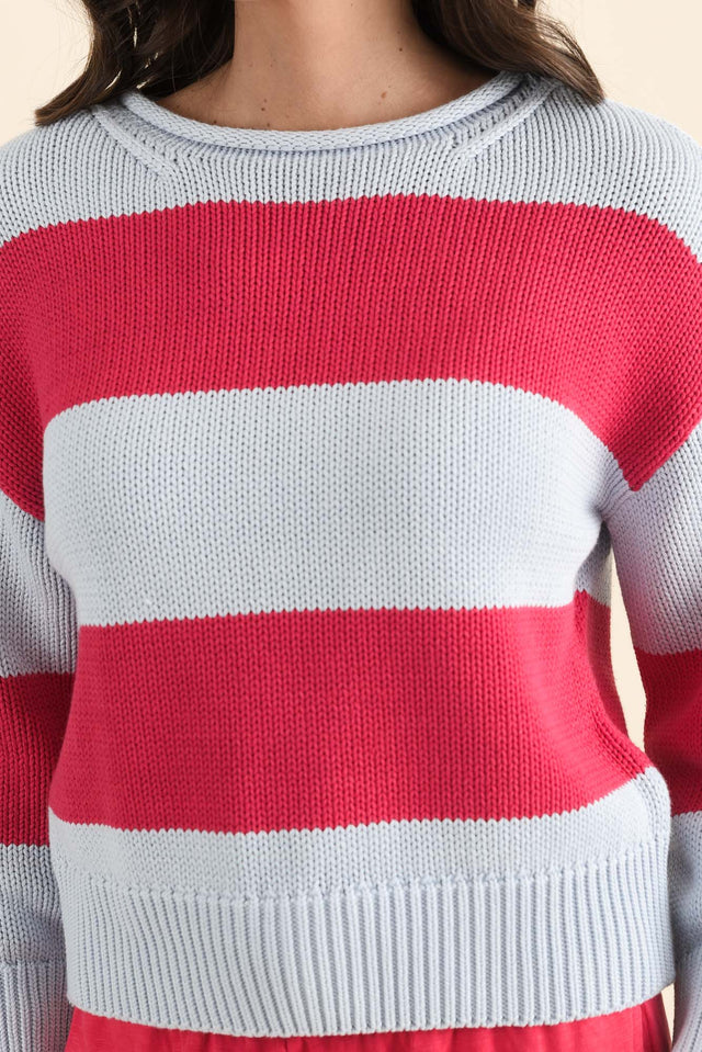 Vesi Red Stripe Cotton Knit Jumper,brunette model,Close up of outfit,alt text|model:MJ image 5