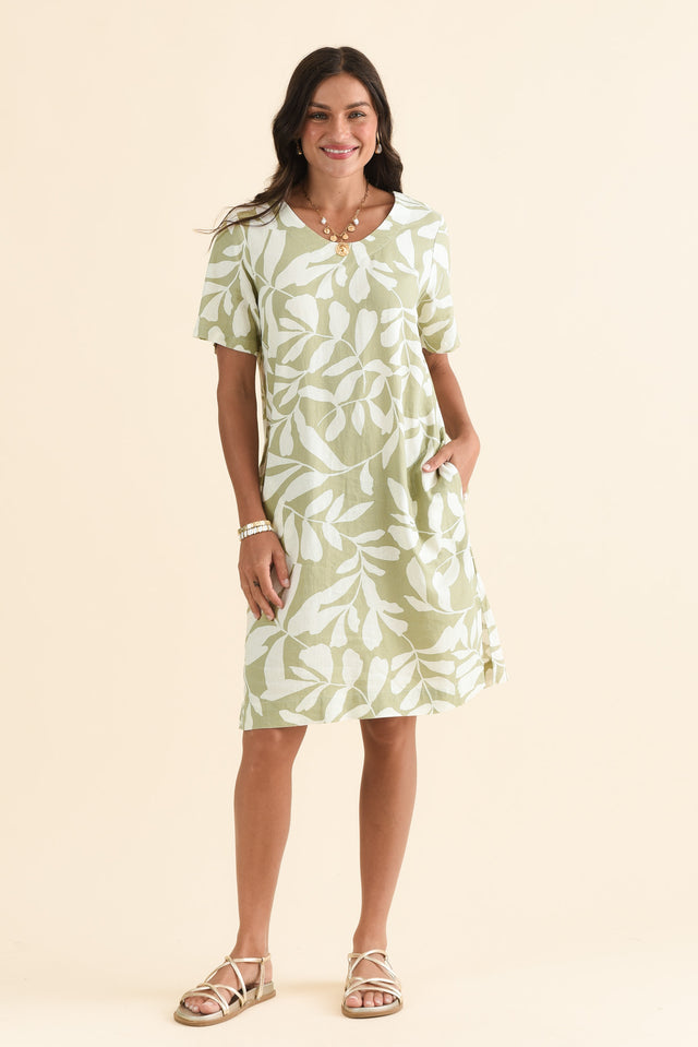 Victoria Khaki Leaf Linen Blend Dress,Front,Brunette model,alt text|model:Brontie