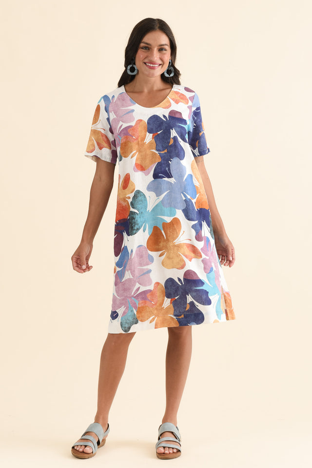 Victoria Mauve Butterfly Linen Blend Dress,Front,Brunette model,alt text|model:Brontie image 1