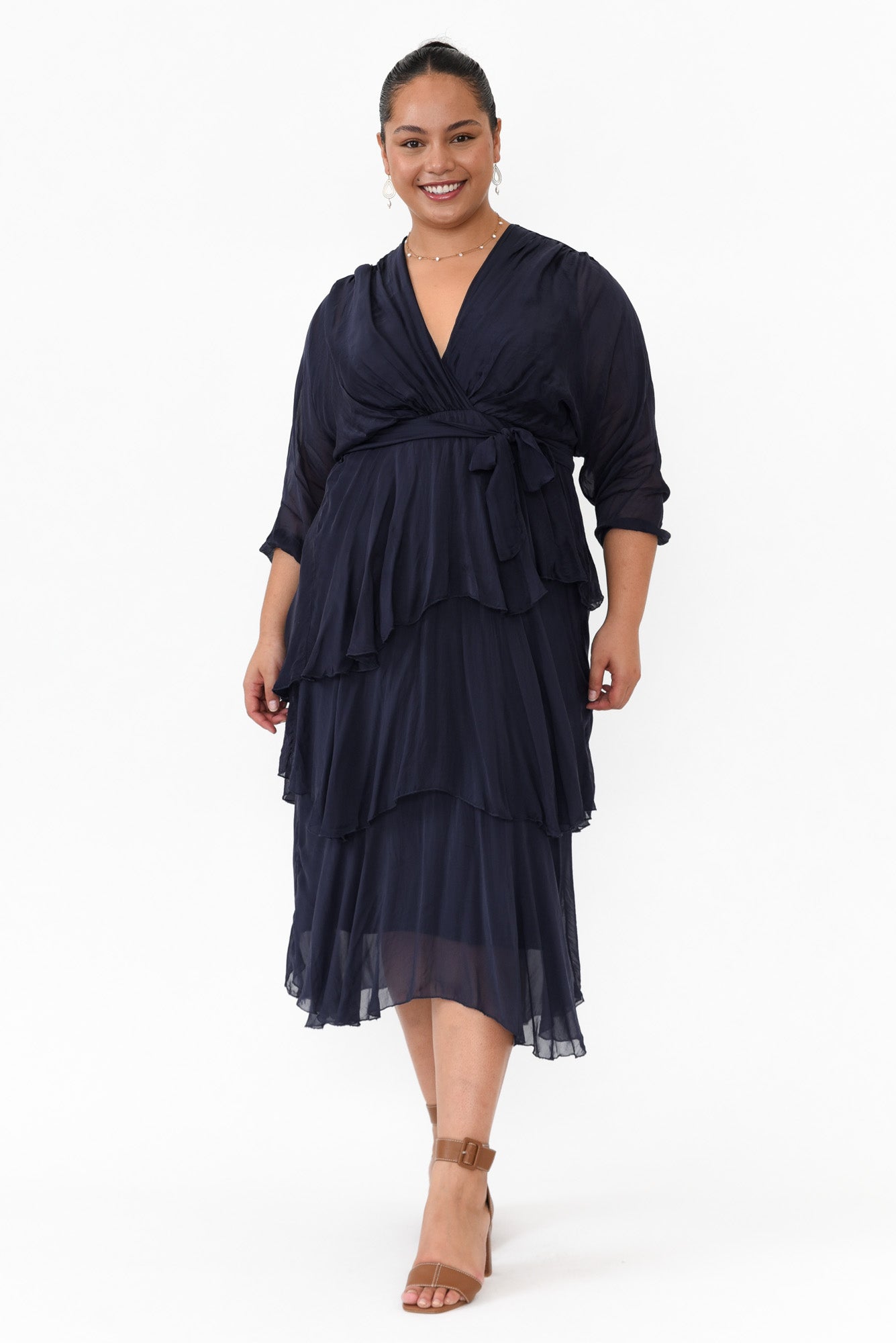 Victoria Navy Silk V Neck Dress Blue Bungalow