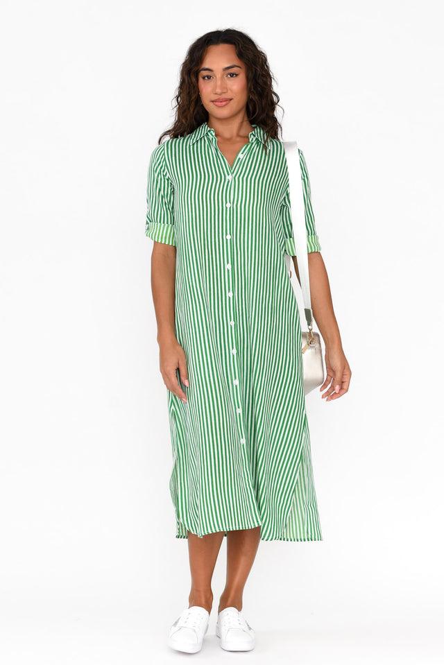 Vivien Green Stripe Cotton Blend Shirt Dress image 1