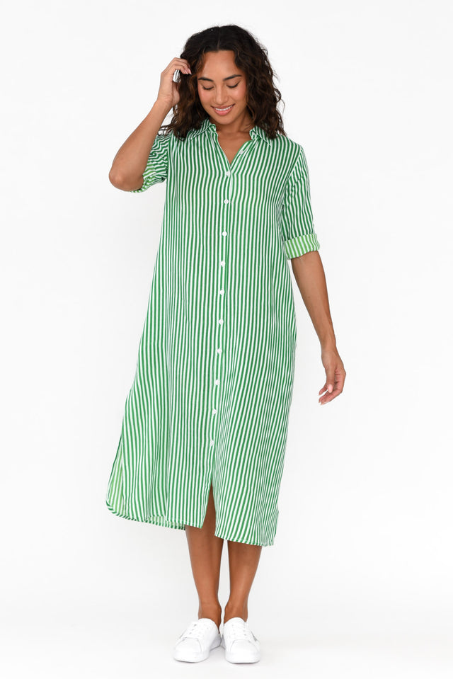 Vivien Green Stripe Cotton Blend Shirt Dress